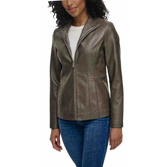 NWT KENNETH COLE WOMEN'S GRAY FAUX LEATHER STANDUP COLLAR ZIP JACKET SZ ~S - Picture 2 of 7